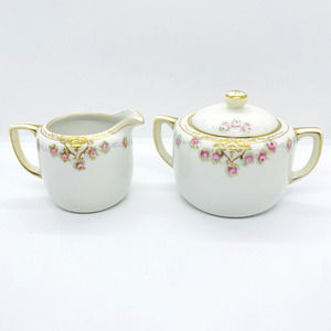Antique Nippon Morimura Creamer Sugar Pink Cabbage Rose Gold Gilt Hand Painted